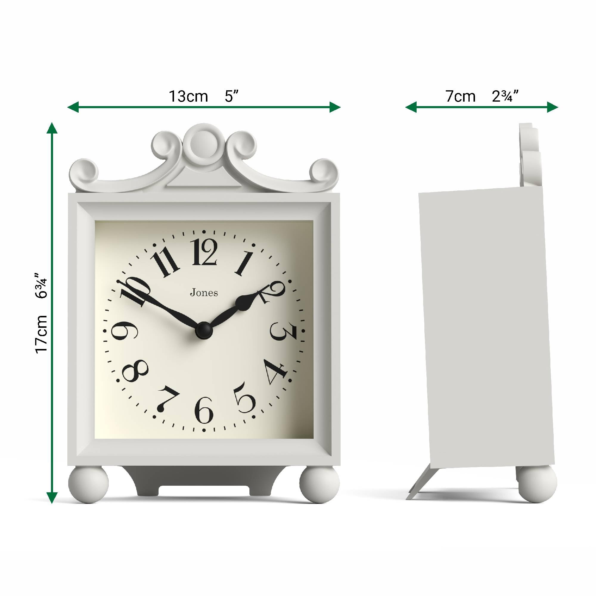 JONES CLOCKS® Parlour Kaminsimsuhr | Kleine Klassische kutschenuhr | Blassgrau | Elegantes, quadratisches dekorationsgehäuse, perfekt für kaminsims, Regal, Tisch oder nachtschnecke