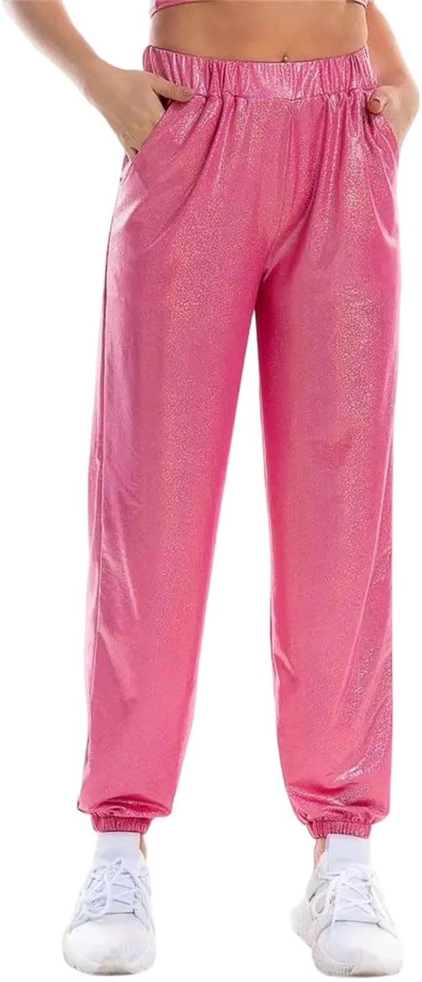 Women's Reflective High Waist Metallic Jogger Pants Trousers Holographic Loose Hip Hop Dance Pants