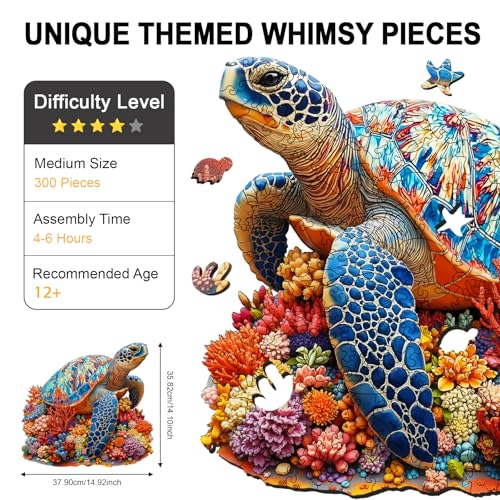 Sea Turtle Wooden Puzzle for Adults 300 Piece, Colorful Coral Turtle Jigsaw Puzzles for Adults, 5MM Unique Animal Shaped Wooden Puzzle, Challenging Ocean Turtle Puzzle for Friend Family Game 14.9*14in — view 2