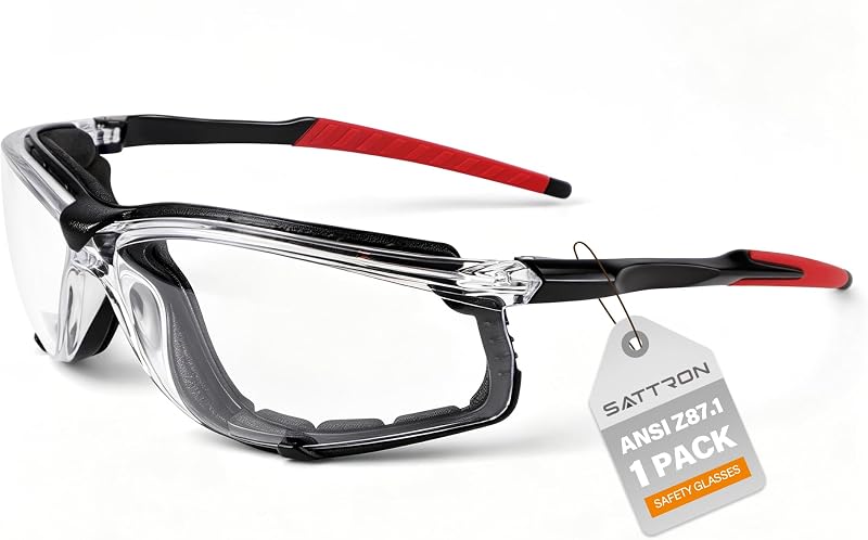 Clear Safety Glasses with Removable Foam Gasket, Anti-Fog Clear Lens ANSI Z87.1 Impact & Scratch-Resistant UV400 Protection Protective Eyewear for Work Construction DIY Non-Slip Red Temples 1 Pcs