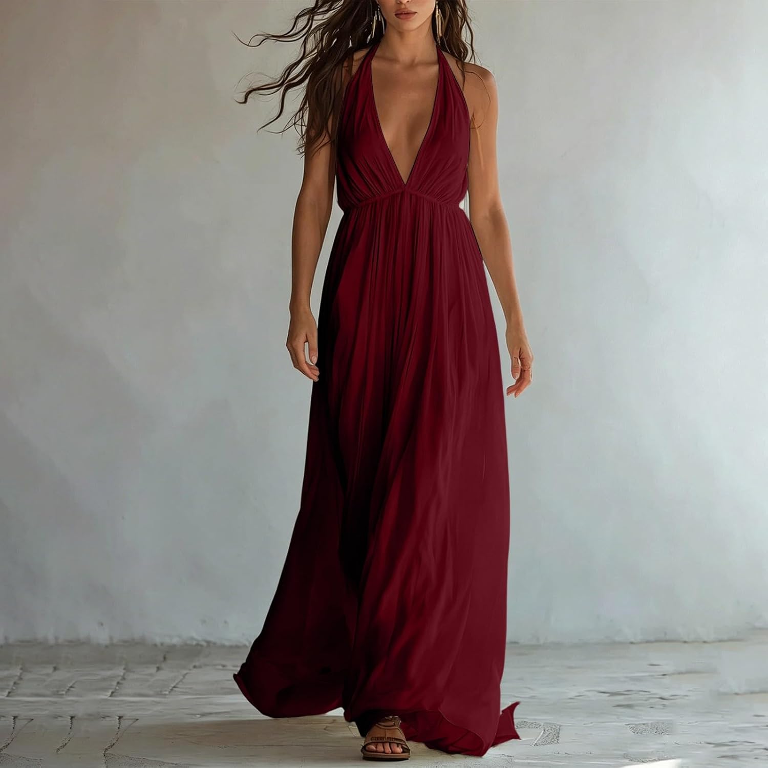 Women's Summer Backless V Neck Maxi Dress Beach Party Long Dress | Flowy Vacation Sundress for Women, Lightweight Sleeveless Evening Dresses 2026 Trendy