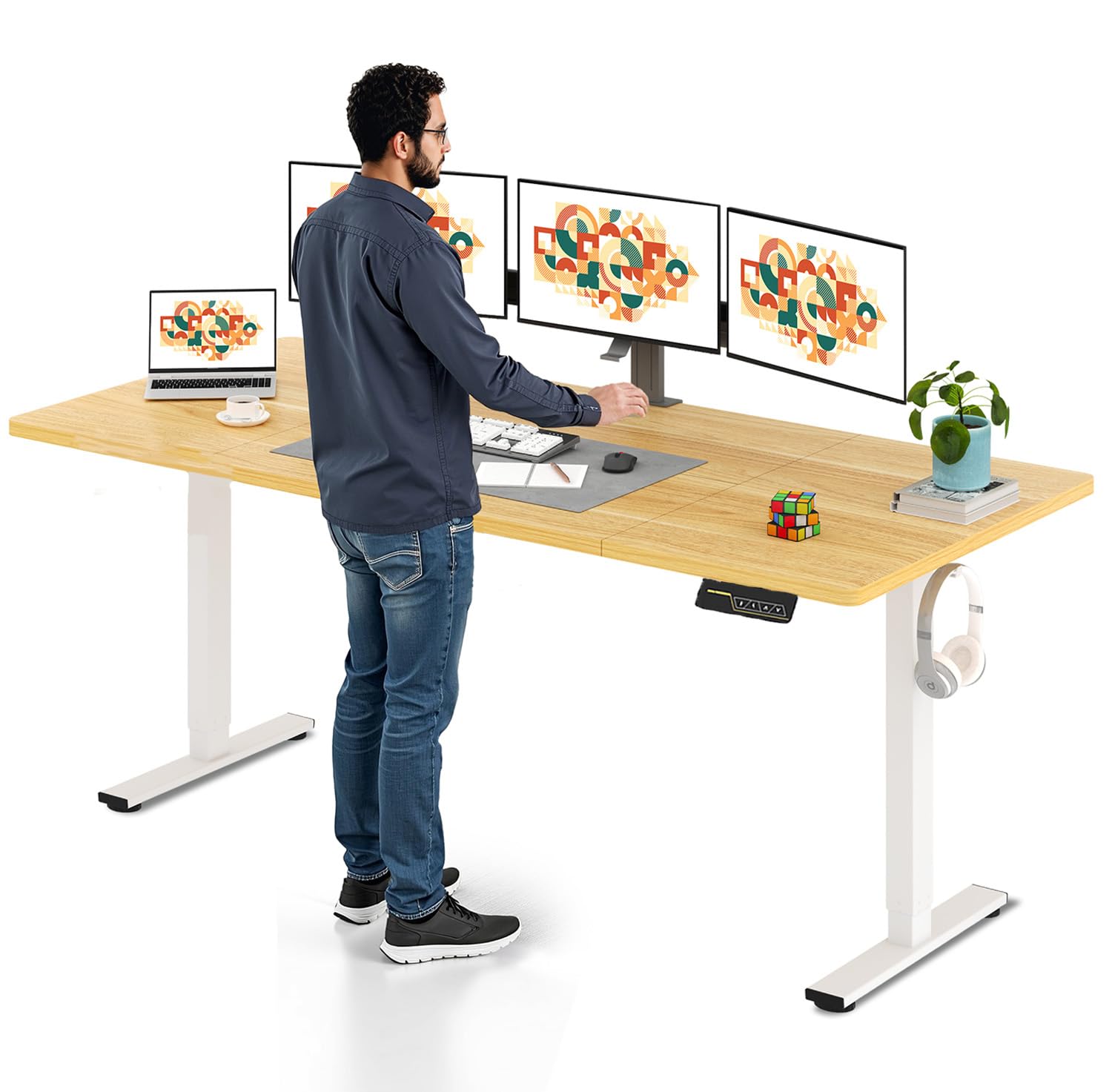 SANODESK 160 * 60cm Standing Desk Electric Height Adjustable Desk Large Stand Up Desks with 4 Memory Smart Pannel, Home Office Desk