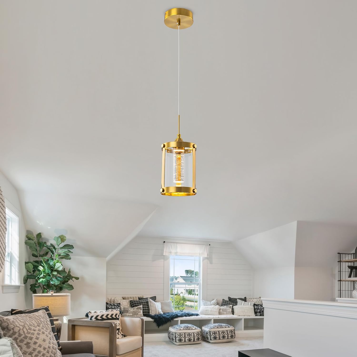 Brass Gold 1-Light LED Pendant, Integrated Modern Farmhouse Hanging Light with Crystal Clear Glass for Kitchen Island Over Sink, Adjustable Cord, Complete Fixture (Brass Gold, 1-Pack)