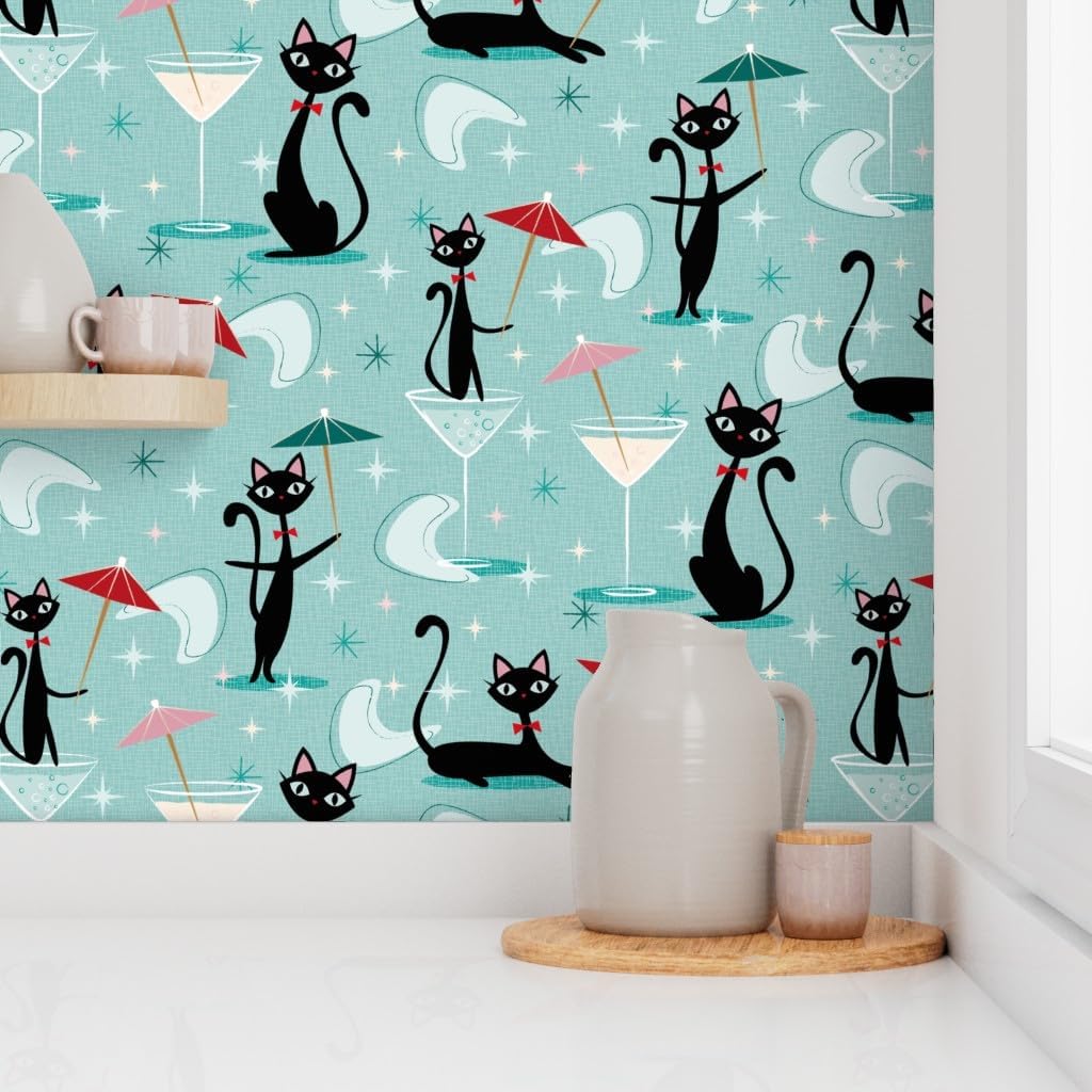 Peel & Stick Wallpaper 3ft x 2ft - Cocktail Umbrella Cats ‚Զ Cool 50S Kitsch Retro Black Vintage Style Umbrellas Atomic Cat Custom Removable Wallpaper by Spoonflower
