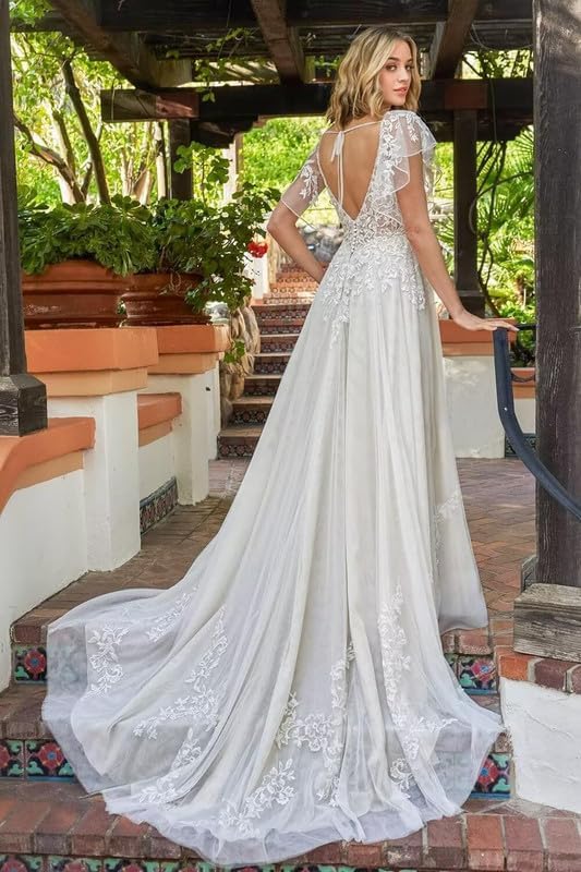 Lace Appliques Boho Wedding Dresses for Bride Fare Sleeve Tulle Long Beach Bridal Gown for Women LAW109