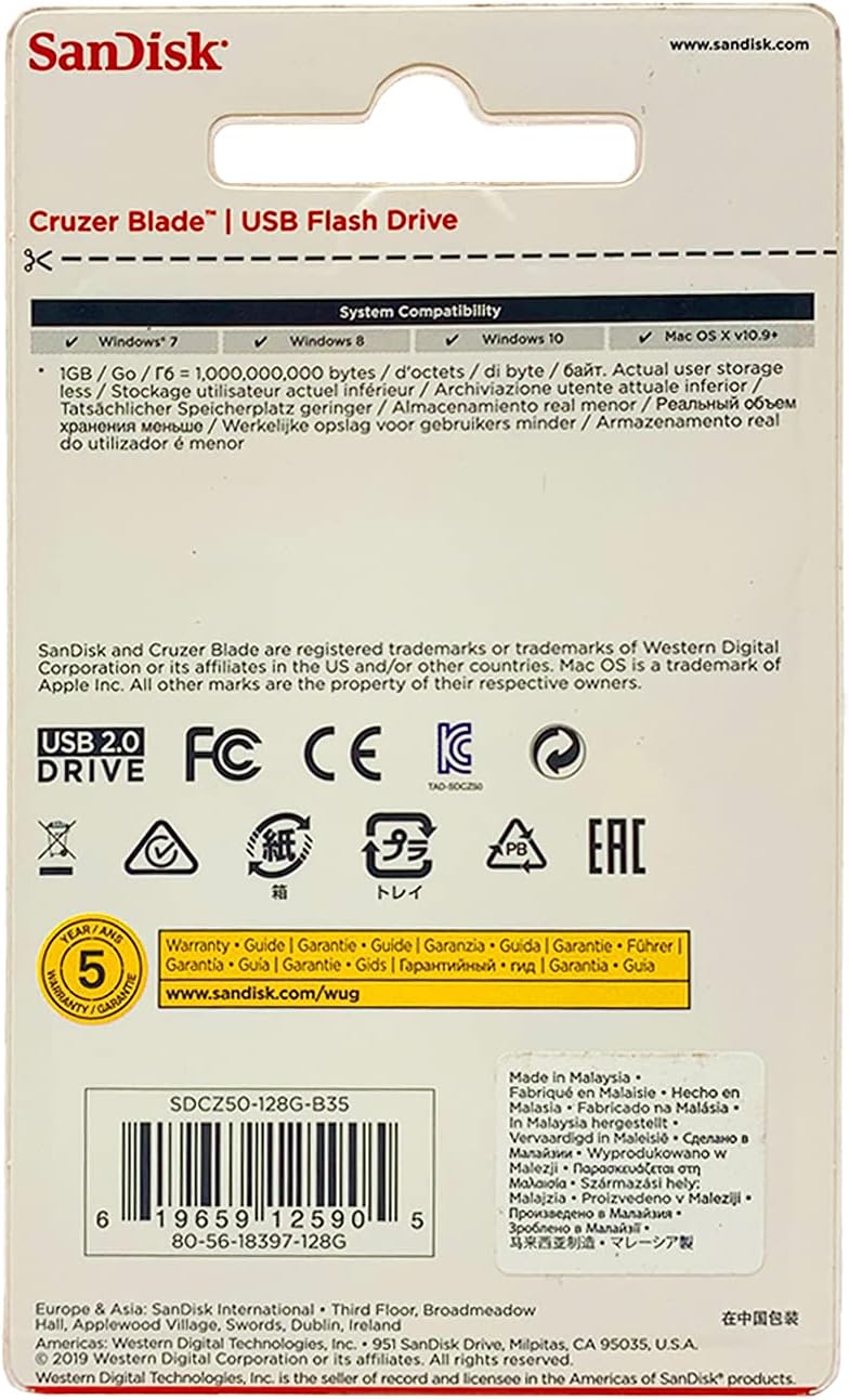 SanDisk Cruzer Blade USB Flash Drive, 128 GB, Black/Red (SDCZ50-128G-A46)