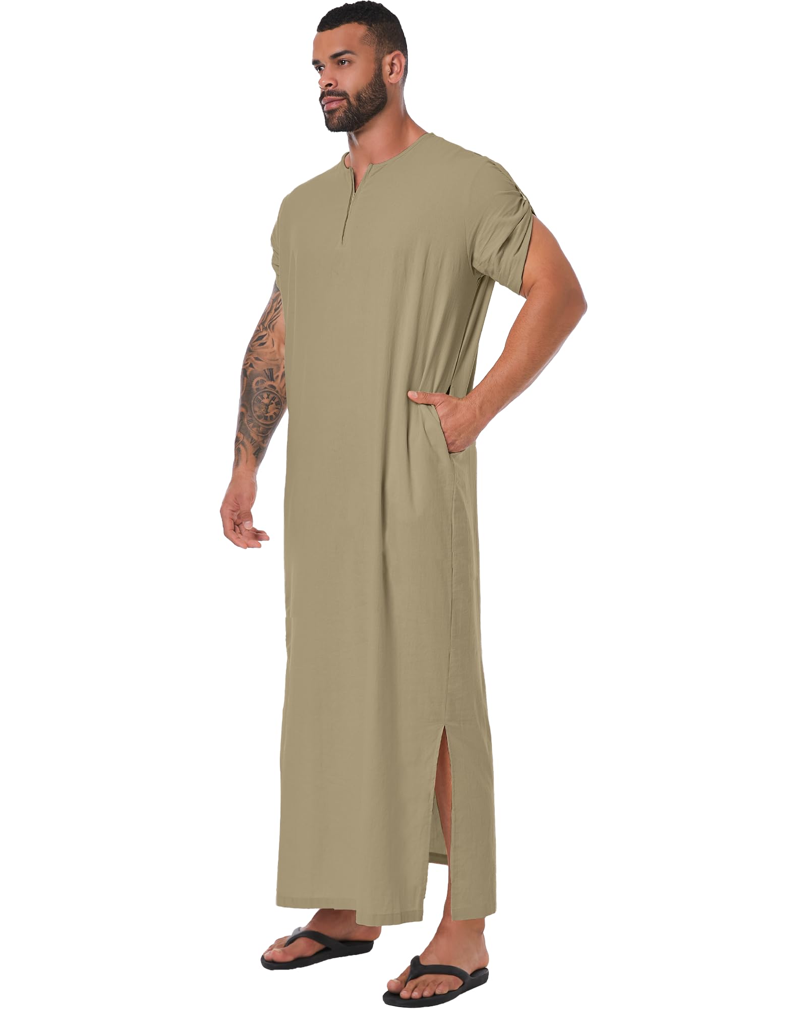YAOHUOLE Kaftan Herren Lang Sommer ThobeHerren Kurzarm Men Kaftan Thobe Herren Dunkel Khaki M