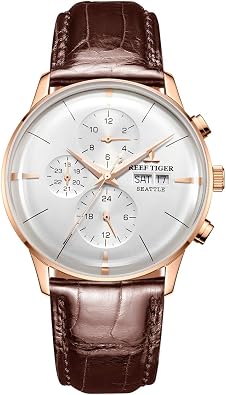 REEF TIGER Luxury Dress Watch Genuine Leather Strap Rose Gold Automatic Watches for Men RGA1699