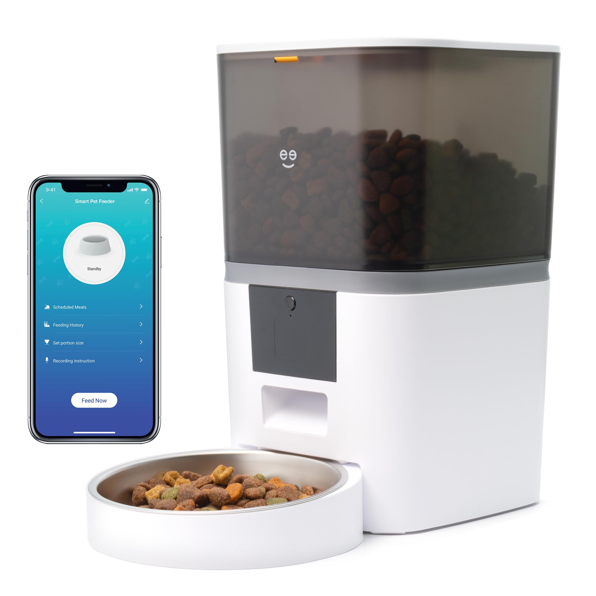 Geeni 6L Smart Pet Feeder - Automatic Cat and Dog Food Dispenser, WiFi Control, Voice Recorder, Battery Backup, Large Capacity, Portion Control - White