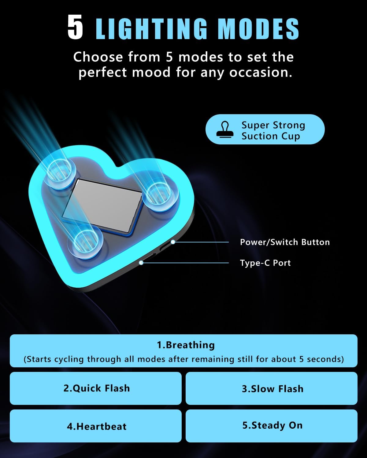 Car LED Ambient Light for Thanksgiving, Car Triangle Window Solar-Powered Heart Shaped Atmosphere Light with 5 Switchable Lighting Modes, Romantic Car Interior & Outdoor Decor (Ice Blue, 1pcs)