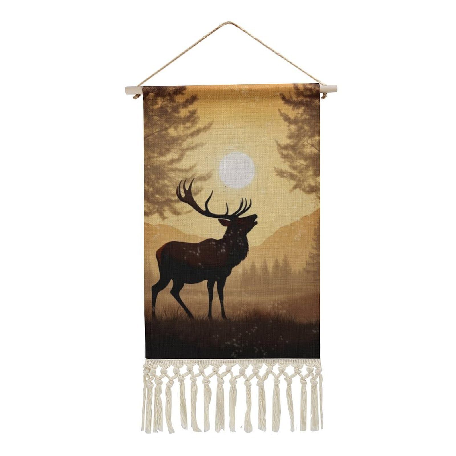BTCOWZRV Cotton And Linen Hanging Poster with Tassels, Elk Artwork Wall Hanging Tapestry Vintage Wall Art Painting Modern Artwork Decoration for Home Decor Ready to Hang 10x19.6 in