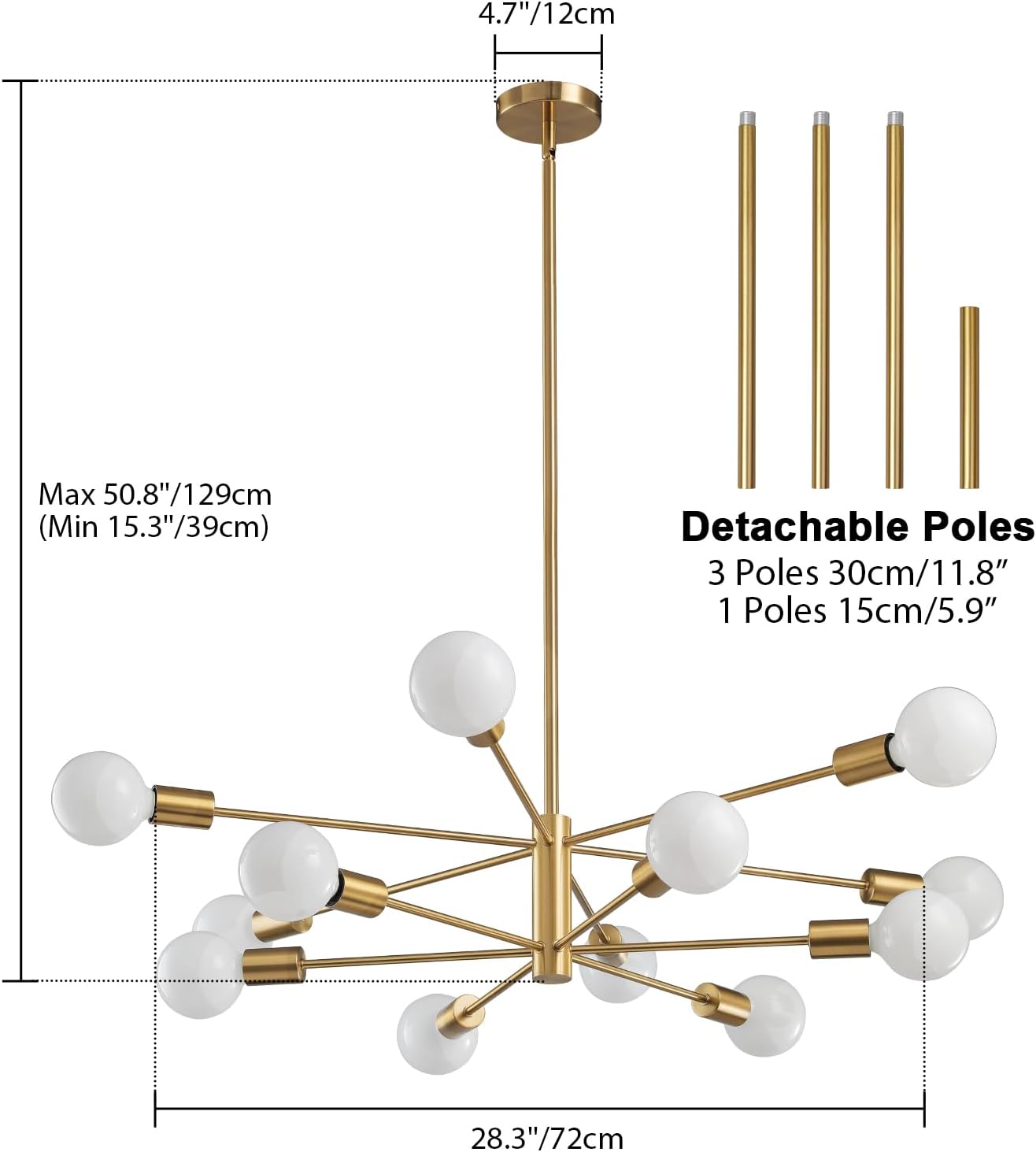 modern sputnik chandeliers light, 12-light gold gold dining room chandelier over table, height adjustable industrial semi flush mount mid century chandelier for kitchen island living room gold 12 light