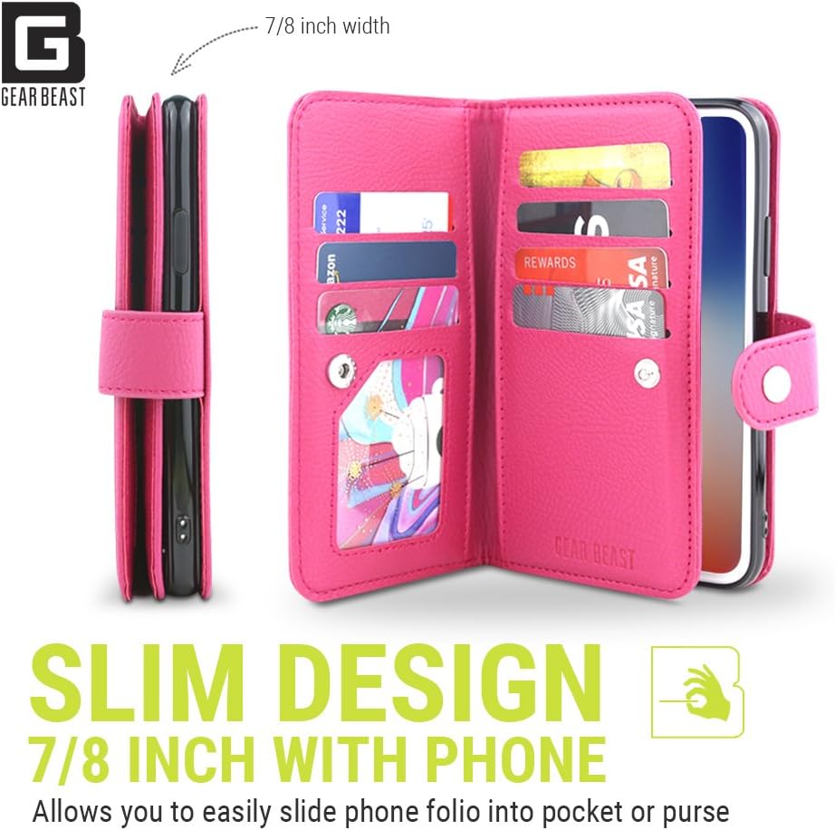 Gear Beast Flip Cover Dual Folio Case fits iPhone Xs/X Wallet Case Slim Protective PU Leather Case 7 Slot Card Holder Including ID Holder 2 Inner Pockets Stand Feature Wristlet for Men and Women