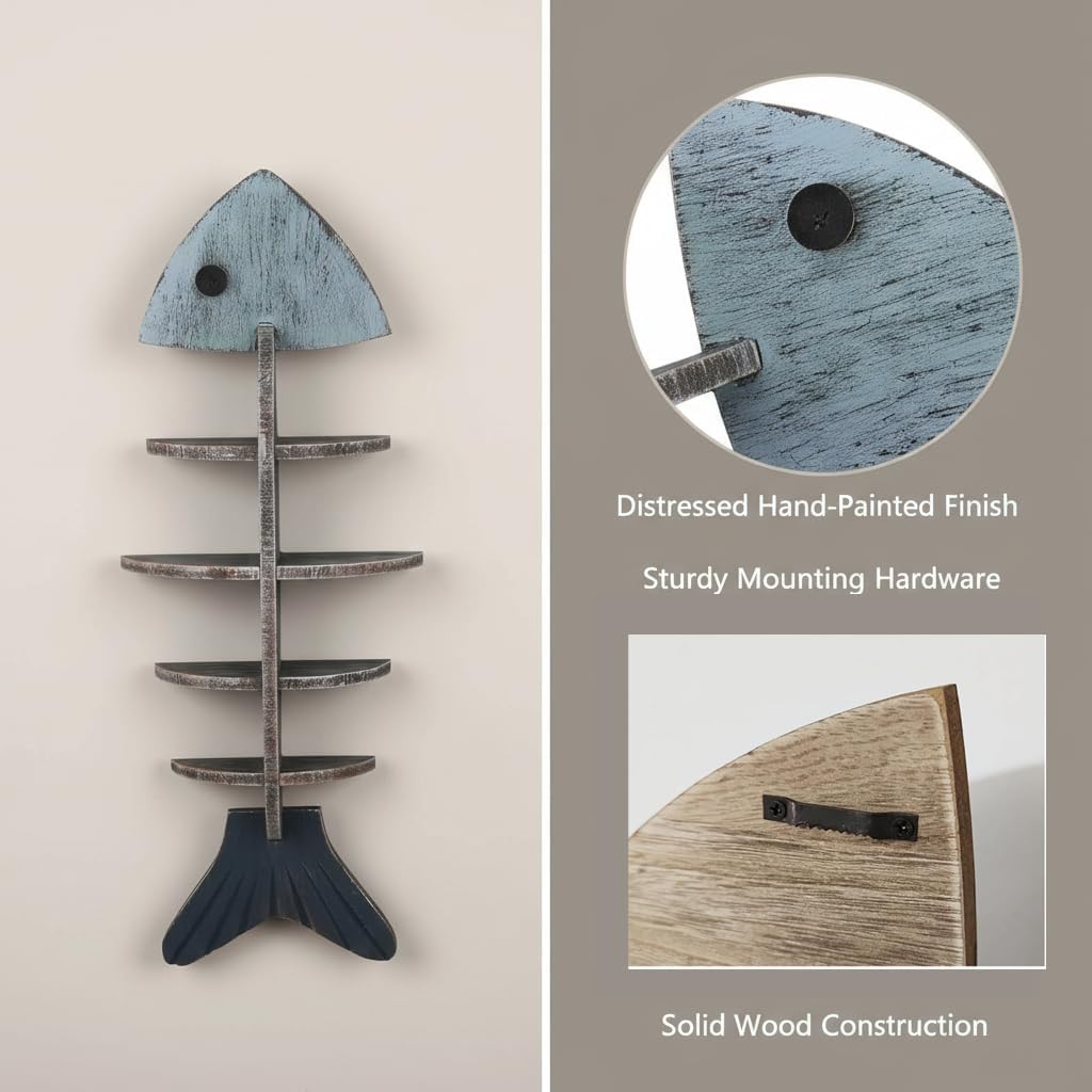 Fish Bone Wall Decor Display Shelf, Mediterranean Style Wooden Coastal Wall Art, Rustic Nautical Marine Hanging Organizer for Beach House, Bedroom, Unique Ocean Theme Decoration