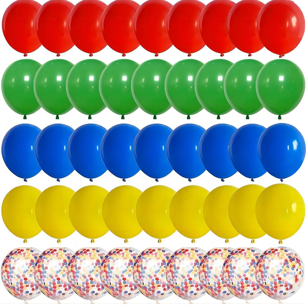 60 Pcs Rainbow Balloons Red Yellow Blue Balloons Set with Primary Color Confetti Balloons Bright Multicolor Circus Balloon Assorted Colors for Fiesta Theme Party Kids Boys Birthday Decorations