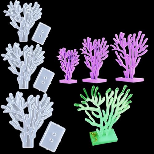 FineInno 3 moldes de resina de arrecife de coral, moldes de silicona para algas marinas con soporte, moldes de epoxi, moldes para exhibición de