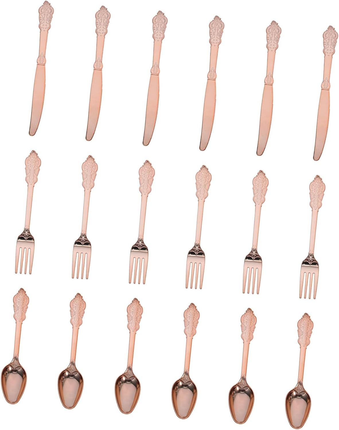 Yardwe Disposable 18pcs Plastic Silverware Set, Rose Gold Cake Flatware with Knife Fork Spoon for Picnic Party Dessert Tableware