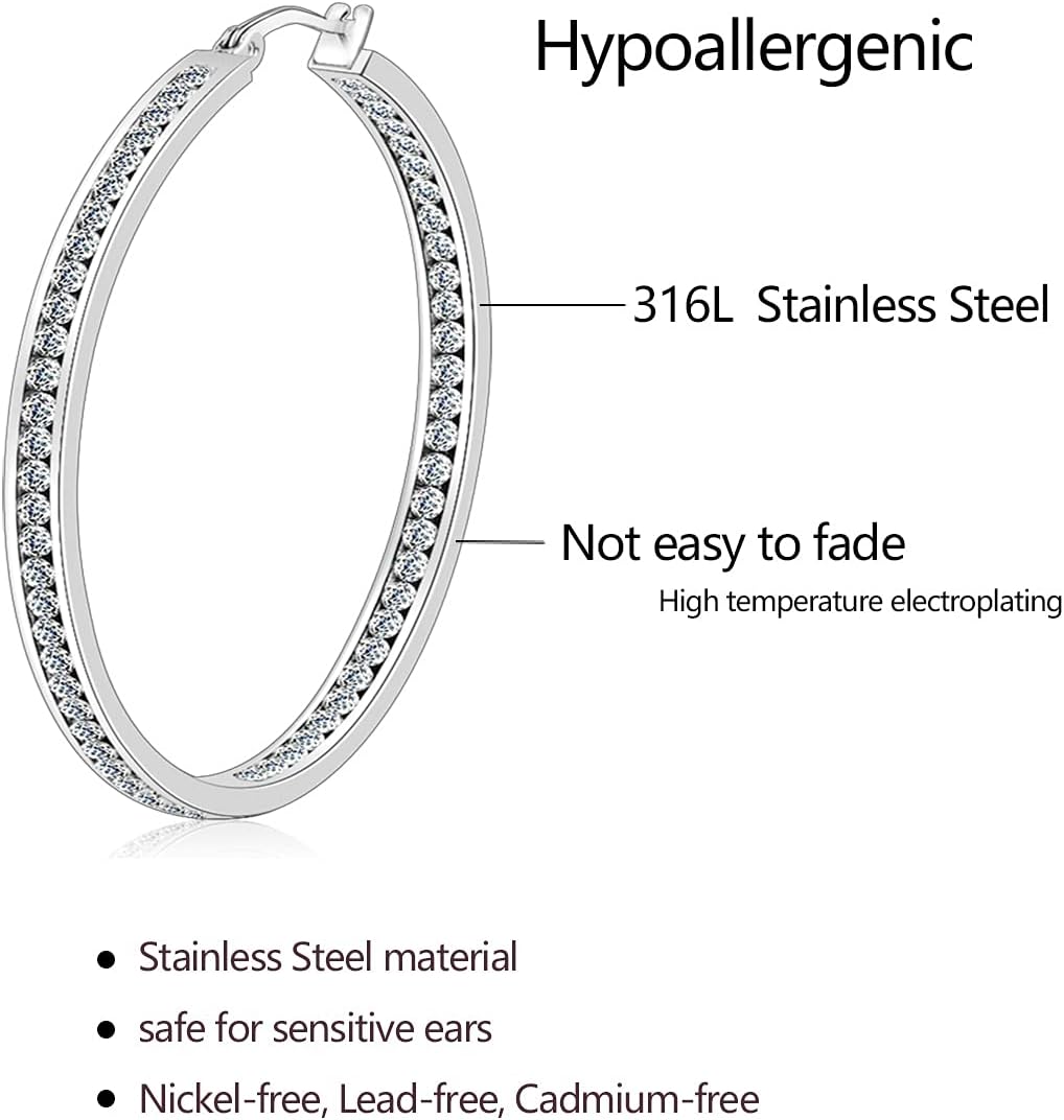 Large Rose Gold Stainless Steel Hoop Earrings for Women, Big Hypoallergenic Hoops Earring ARSKRO Huge Cubic Zirconia Rhinestone Crystal Basketball 50mm 2 inch Ear Ring Jewelry Gifts for Women Mens Sensitive Ears - Image 3