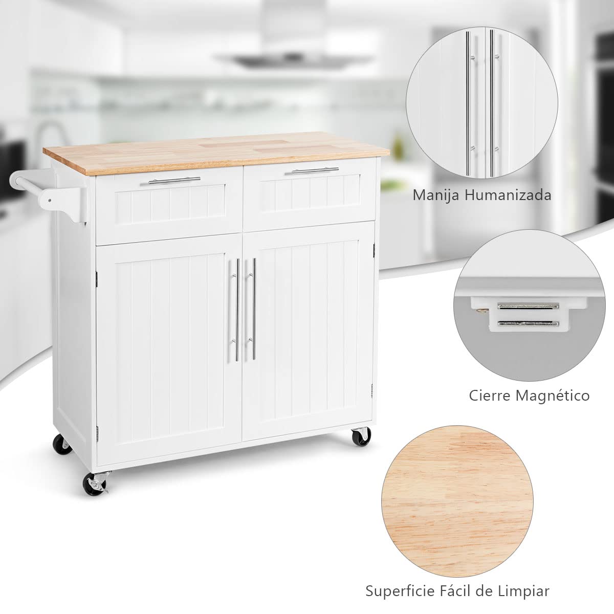 COSTWAY Carrito de Cocina, Carro de Cocina Giratorio con Cajones de Almacenamiento y Grandes Armarios, Carro de Servir, 4 Ruedas Universales y Toallero, 94 x 45 x 94,5cm (Blanco)