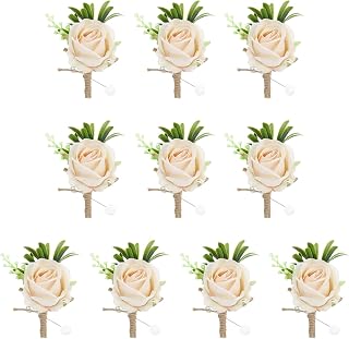 MECCANIXITY 10PCS Men Boutonnieres Corsages, Champagne Color Rose Groomsmen Corsage Wristlet with Pins for Wedding Ceremony Anniversary, Dinner Party