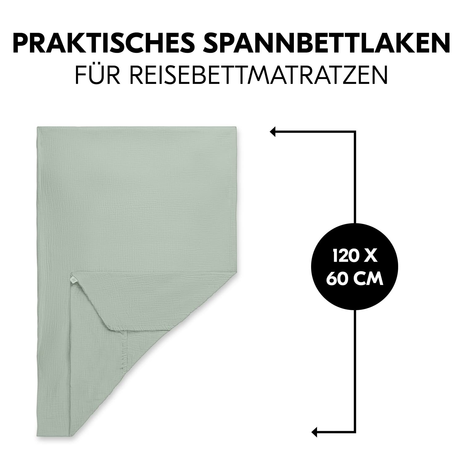hauck Baby Spannbettlaken 60x120 cm für Reisebettmatratzen, Baby Matratzenbezug Baumwolle Musselin, 60° C Maschinenwäsche, Babybettlaken mit Gummizug (Sage)