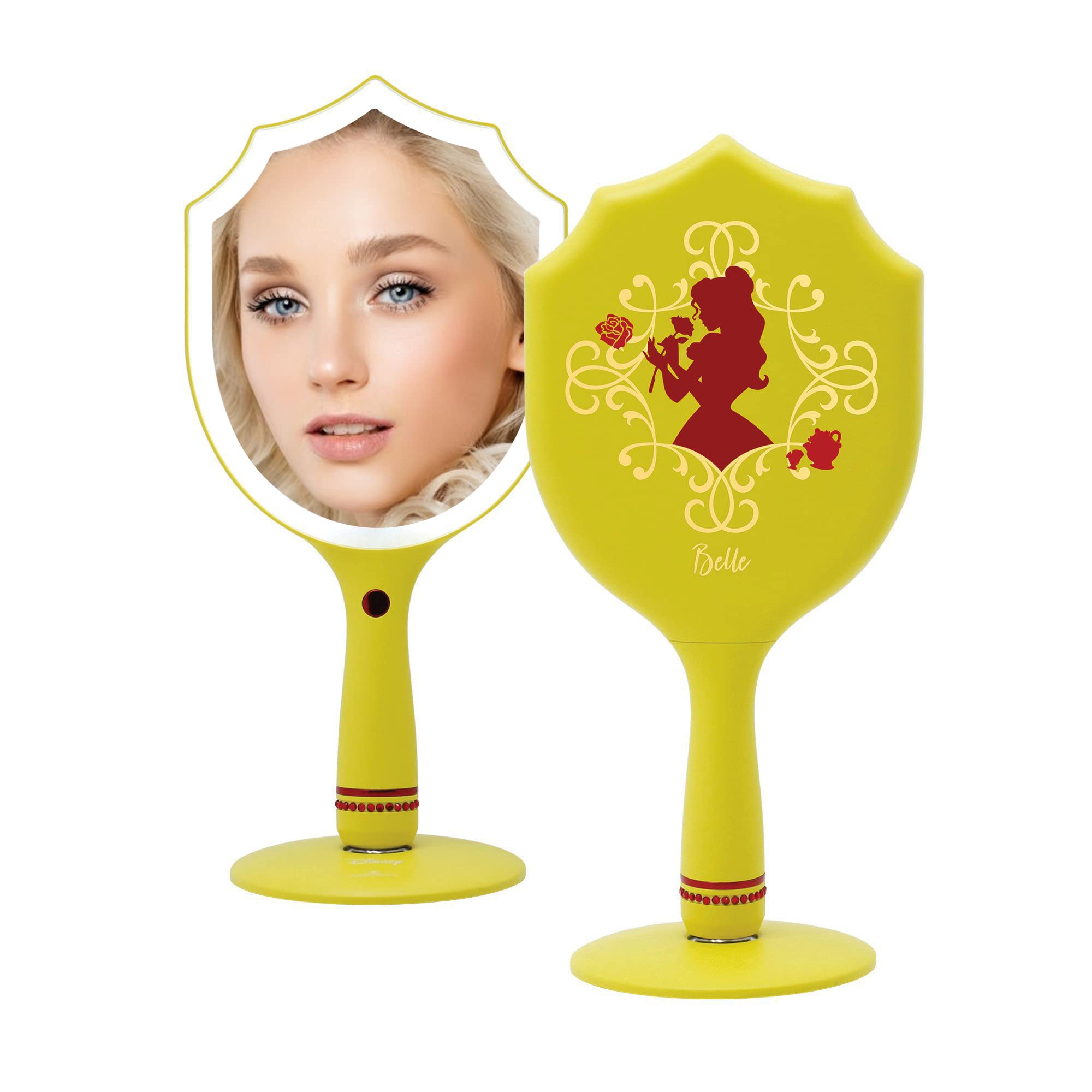 Impressions Vanity Handheld Lighted Makeup Mirror, Disney Princess Belle LED Hand Mirror with Standing Base, Makeup Vanity Mirrors with Shimmering Button and 3 Color Modes for Travel or Bedroom