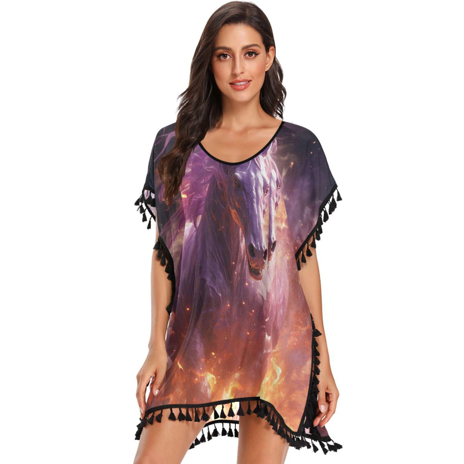 Angry Horse Purple Fire Women's Beach Cover Up Chiffon Tassel Swimwear Swimsuit Coverups for Girl