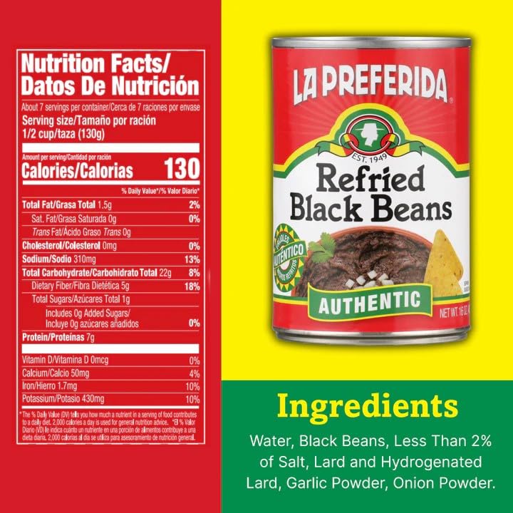 Image of La Preferida Authentic Mexican Style Beans, Refried Black Beans Made with Lard, Ready to Eat Side Dish, High Fiber and Protein Beans, Refried Black Beans, 16 Ounce (Pack of 3)