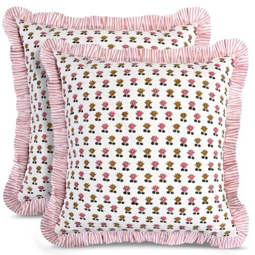 CPC Rosette Bloom Block Print Ruffle Pillow Cover 18x18 Inch, Pack of 2