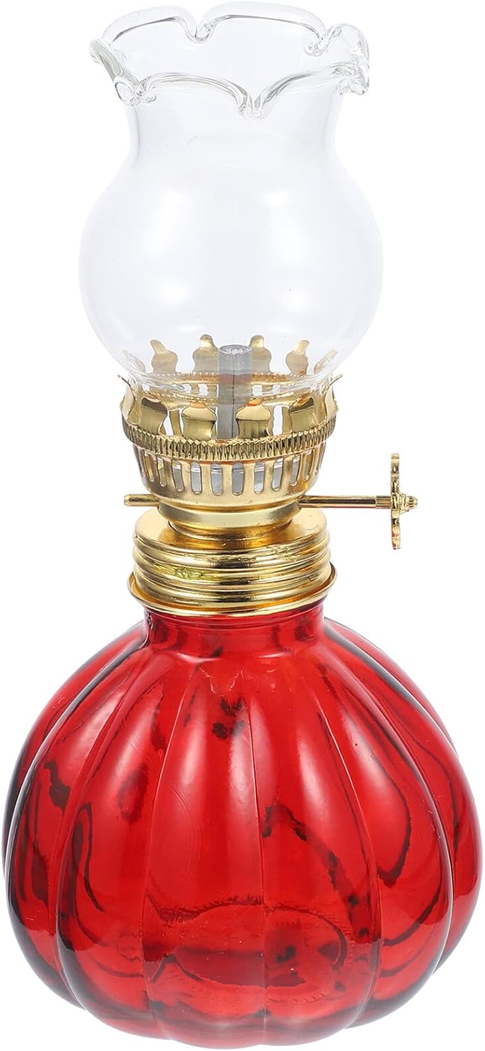 Vintage Red Glass Kerosene Oil Lamp with Delicate Chinese-Style Design for Use and Fireplace Decor Compatible with Kerosene and Ghee for Home Balcony and Festival Atmospheres