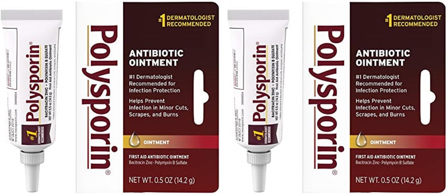 First Aid Topical Antibiotic Skin Ointment with Bacitracin Zinc & Polymyxin B Sulfate, for Infection Protection & Wound Care, Neomycin-Free, Travel Size, 0.5 oz (Pack of 2)