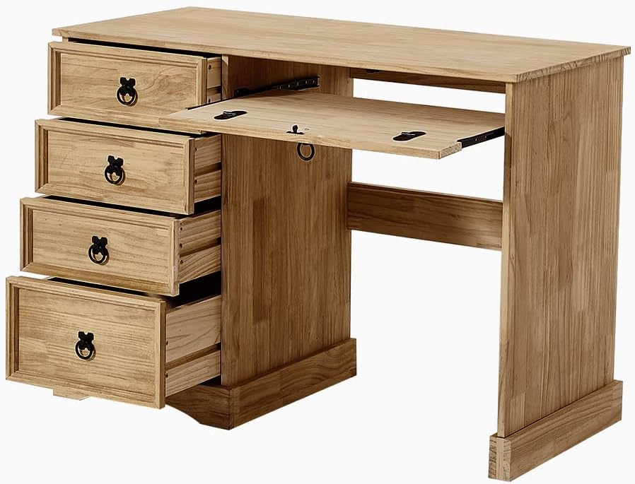 Solid Pine Wood Dressing Table Mexican Style Writing Desk with Keyboard Drawer and 4 Large Drawer for Bedroom Study Room