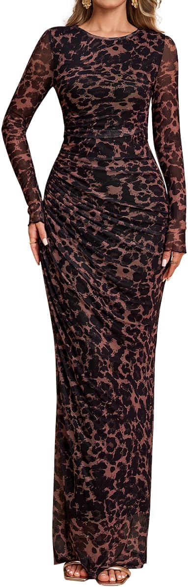 Floral Long Sleeve Maxi Dress Mesh Ruched Bodycon Formal Cocktail Dresses for Women 2026