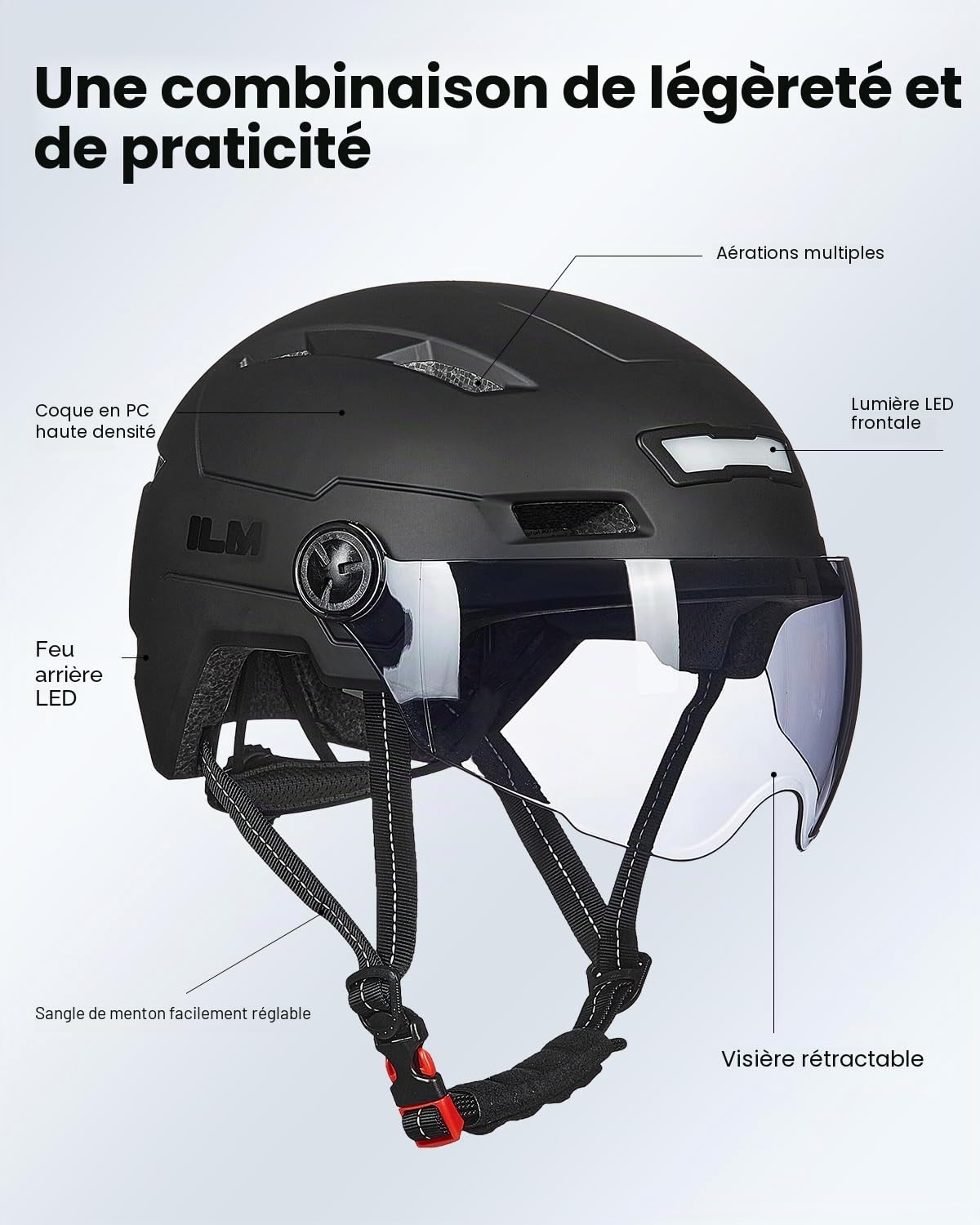 Casque Velo VTT Adulte avec Visiere et Lumiere LED Rechargeable USB