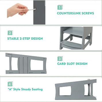 EGREE Modern Gray Wooden Toddler Kitchen Tower Step Stool- 3 Heights Adjustable Montessori Learning Tower Step Up Stool with Safety Rails - Kids Kitchen Helper Stand for Cooking & Bathroom