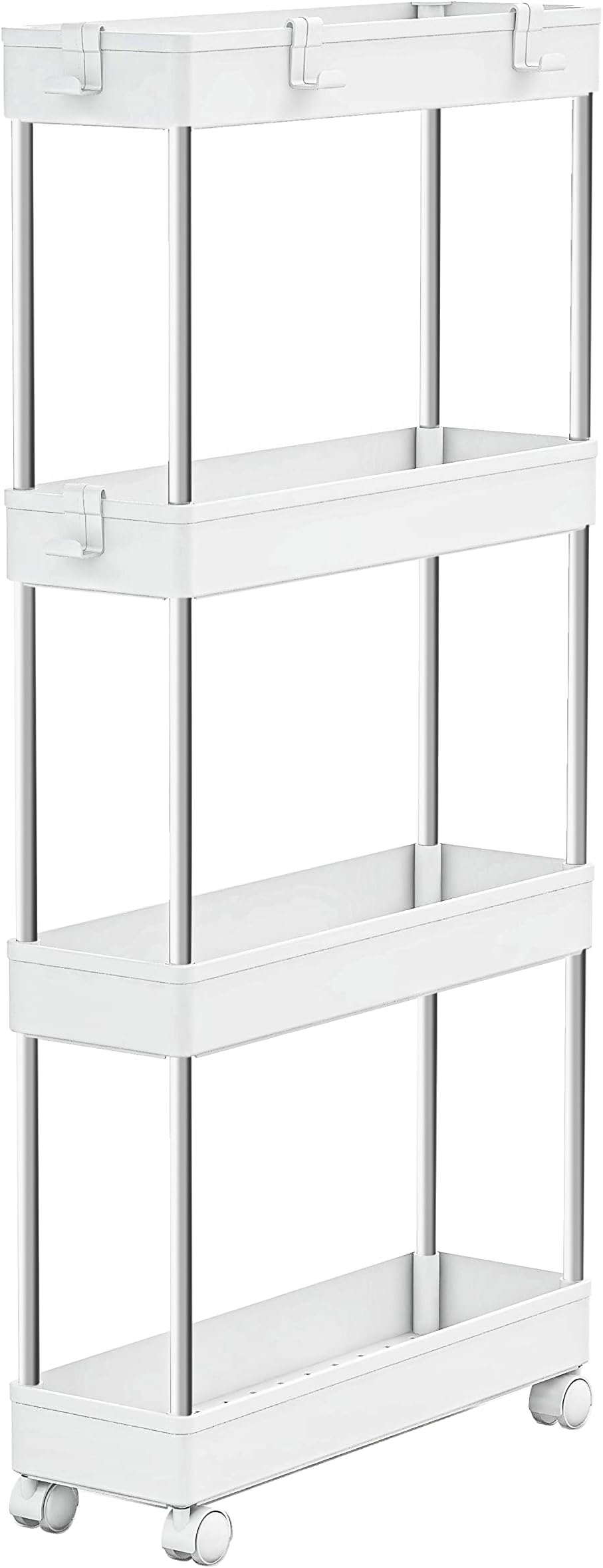 4 Tier Slim Storage Cart Mobile Shelving Unit Organizer Slide Out Storage Rolling Utility Cart Tower Rack for Kitchen Bathroom Laundry Narrow Places, Plastic & Stainless Steel, White