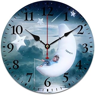 Wall Clocks Moon Night Round Room Decorative Wall Clock Battery Operated Quartz Analog Quiet Sleep Night Star Moon Clocks 10 Inch Living Room Office for Kids Son Boys Baby Child Classroom Clock Art