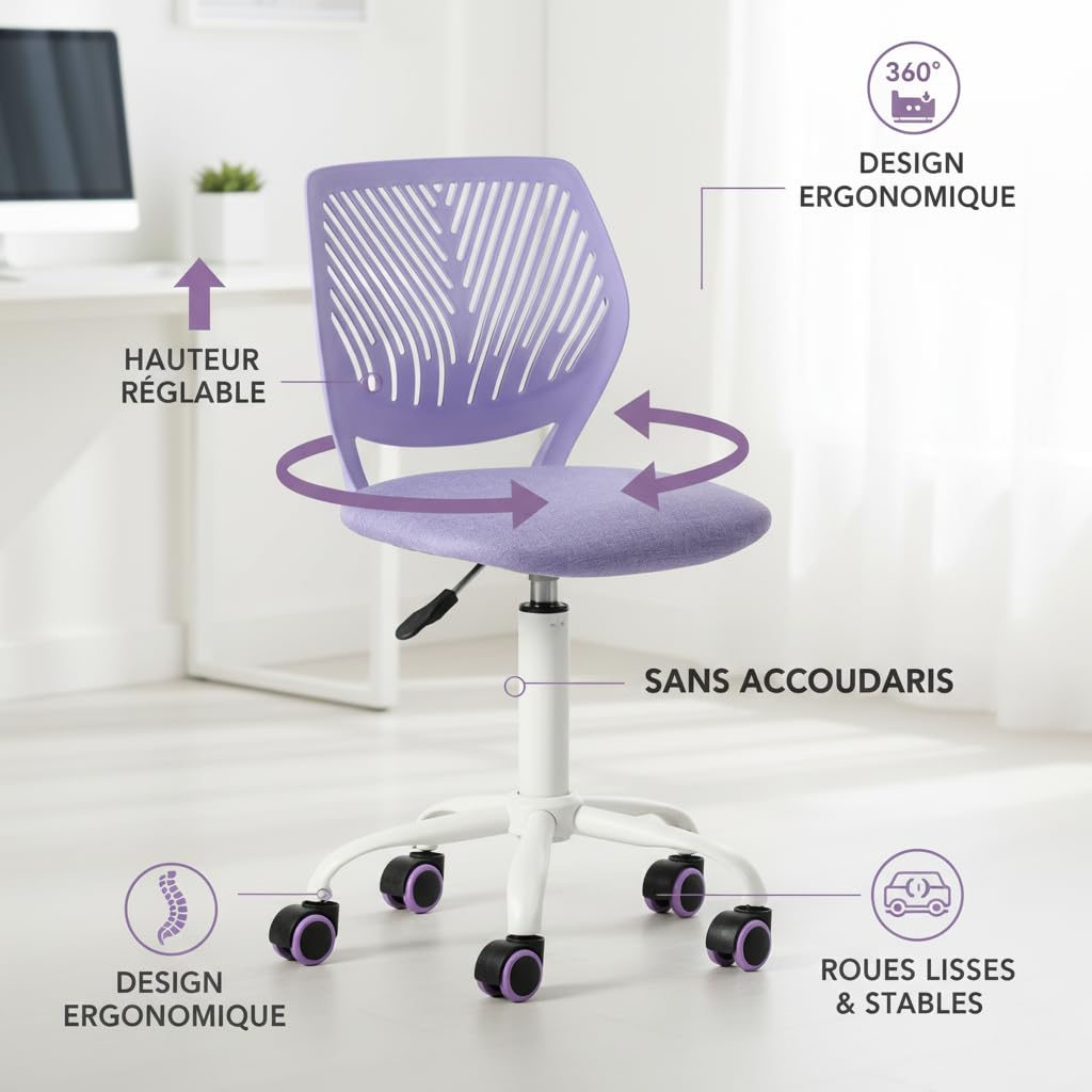 FurnitureR Sedia da ufficio multiuso per bambini, sedia da lavoro senza braccioli in altezza regolabile, sedia da studio girevole colorata per scuola e ufficio, viola Morandi