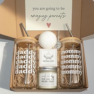 New Parents Gift Basket, Pregnancy, Postpartum & Baby Shower Gifts for First Time Mom and Dad to Be, Gender Reveal Gift for Couples with Mom & Dad Glass Cups