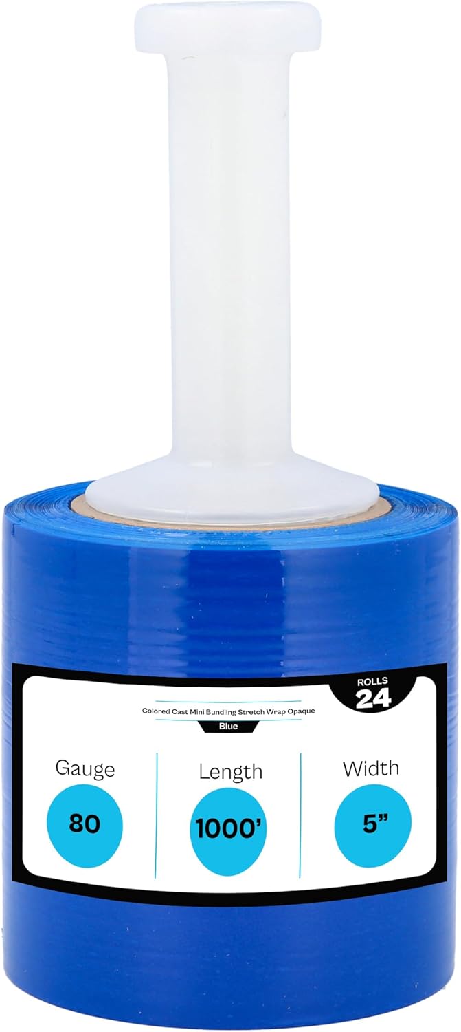 MMBM Blue Mini Moving Stretch Wrap for Packing, Pallet Wrap Stretch film, 24 Rolls, 5 Inch x 1000 Feet, 63 Gauge, Wrapping Plastic for Moving Stretch Wrap Roll with One Plastic Handle