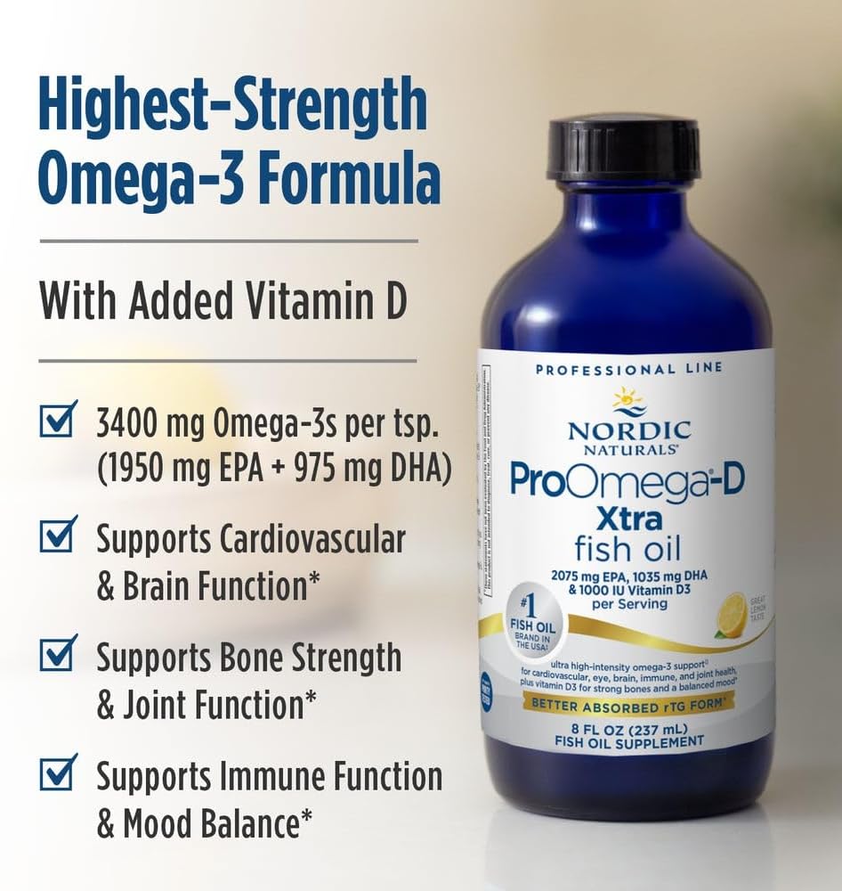 Nordic Naturals ProOmega-D Xtra Liquid, Lemon Flavor - 8 oz - 3400 mg Omega-3 + 1000 IU D3 - High-Potency Fish Oil - EPA & DHA - Brain, Eye, Heart, & Immune Health - Non-GMO - 48 Servings