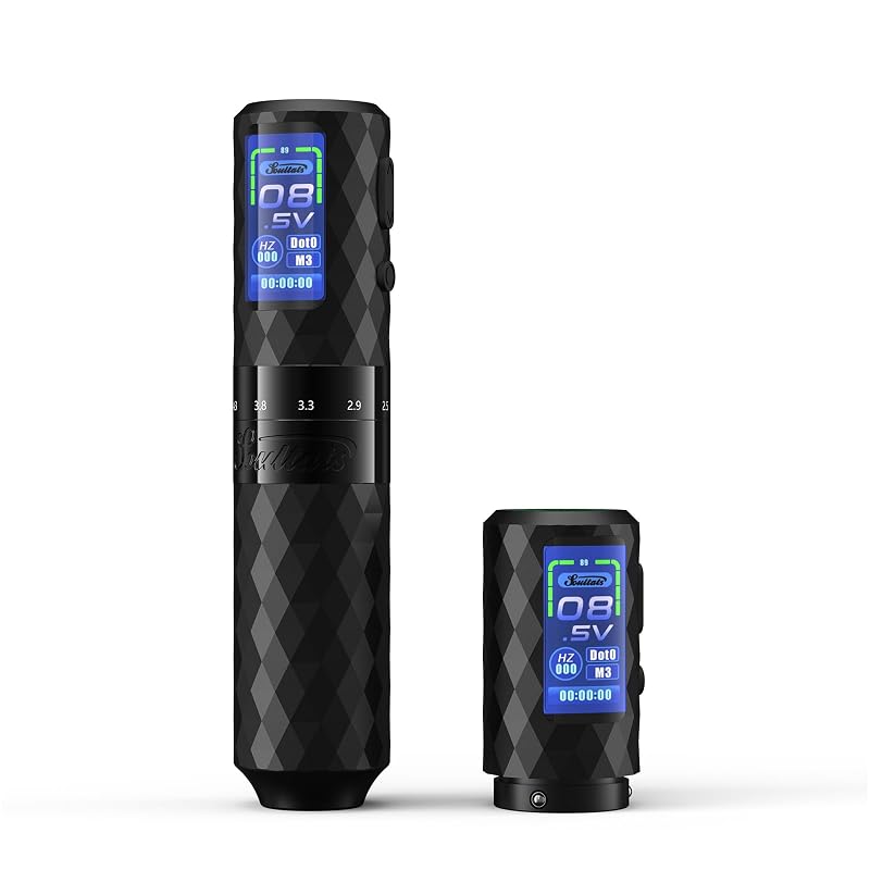 Máquina de tatuagem sem fio EZTAT2 EZ-SoultatsPro com tela curva, 6 ajustes de curso de 2,5 a 4,8 mm e 2 baterias de 1600 mAh, Soultats Pro Black