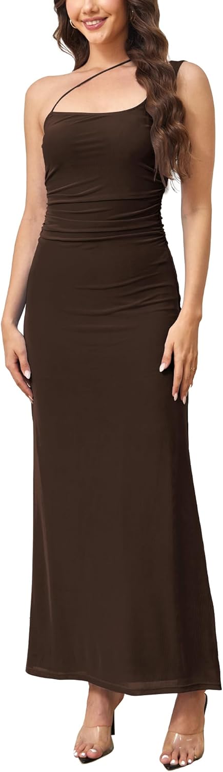 Yulaviniee Women's Bodycon Maxi Dress Sleeveless One Shoulder Mesh Long Dresses Party Club