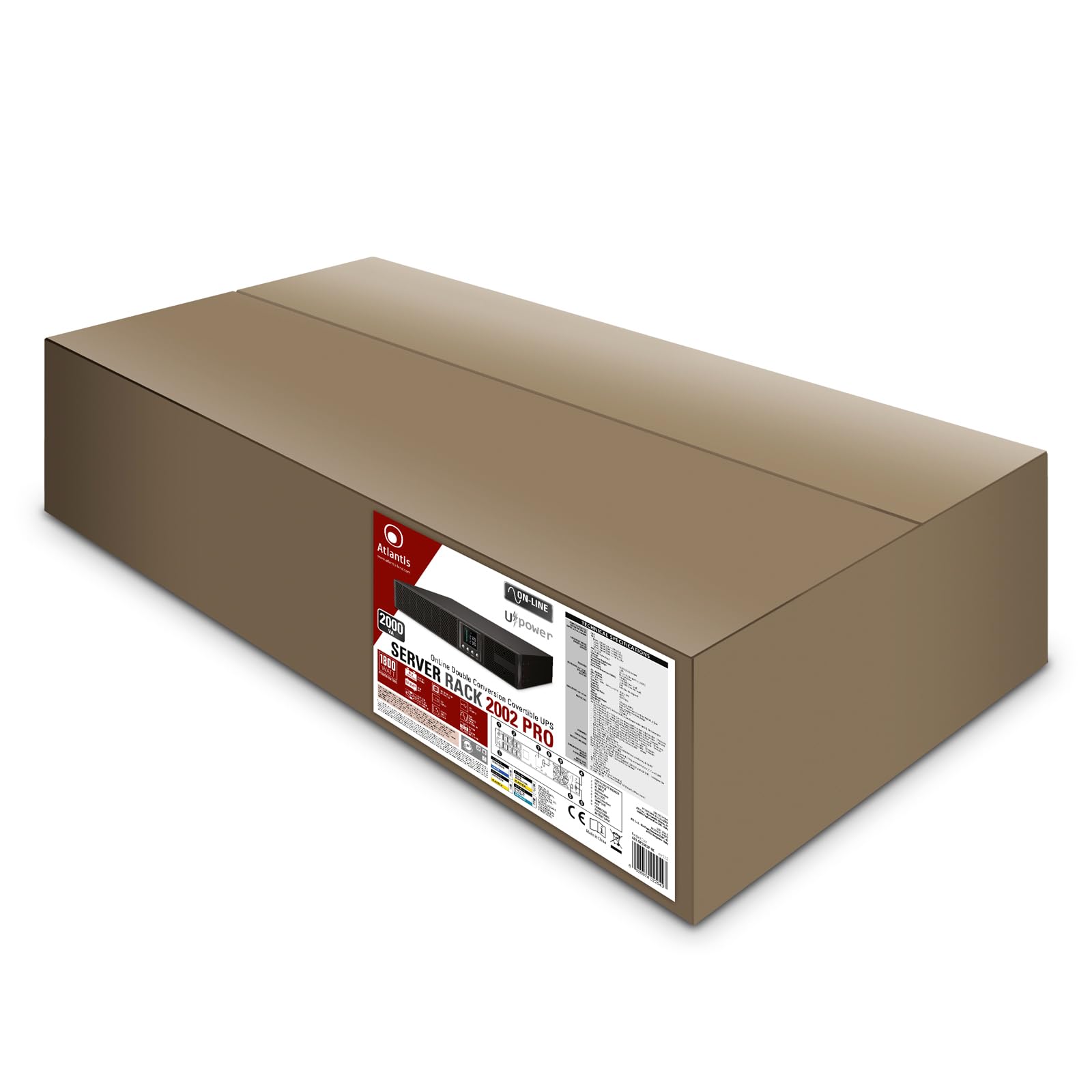 Atlantis A03-OP2002P-RC Pro Onduleur (UPS) Online Double Conversion et Pure sinusoïde avec Une Puissance de 2000VA 1800W, Serveur Rack, écran LCD, USB, RS-232, 8 Sorties IEC, Slot SNMP, 4x12V-9Ah