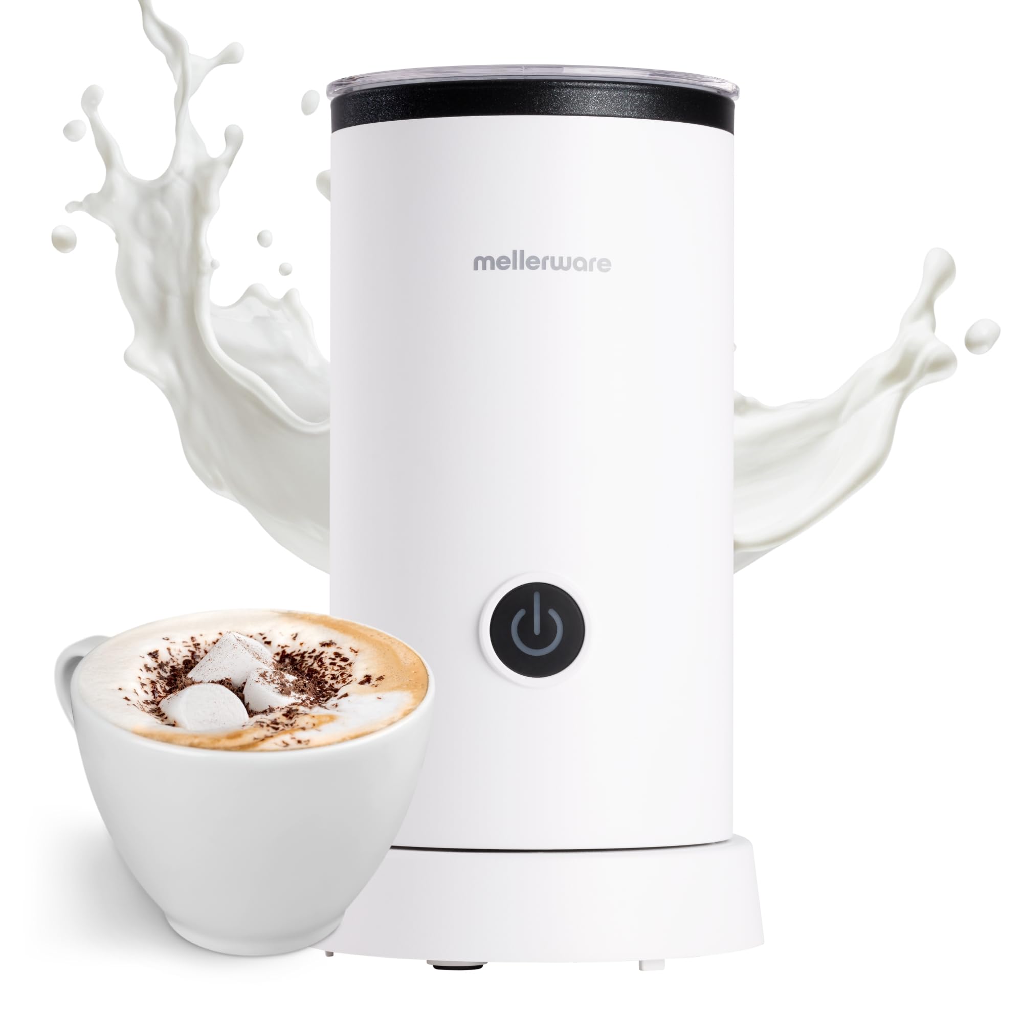 Mellerware - Espumador de Leche Frothy!600W | 250ml | 3en1 (Espuma Caliente/Fría, Calentar y Espumar) | Apagado automático | Calentador Café Latte Capuchino Chocolate | 360º | Blanco