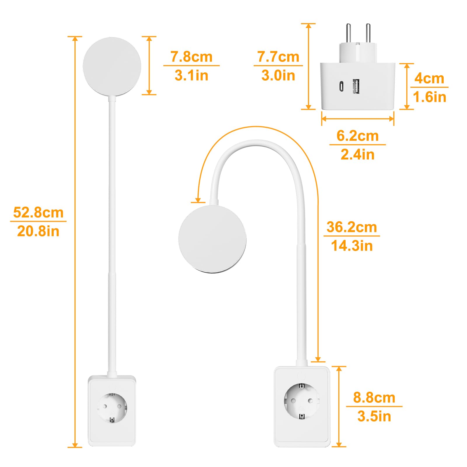 ENUOTEK LED Wandleuchte Wand Leselampe Weiß mit Stecker und Steckdose, Schlafzimmer Steckdosenlampe Touch Dimmbar, 3 Stufen Beleuchtungsfarben, Nachttischlampe mit Typ C und USB Ladeanschluss