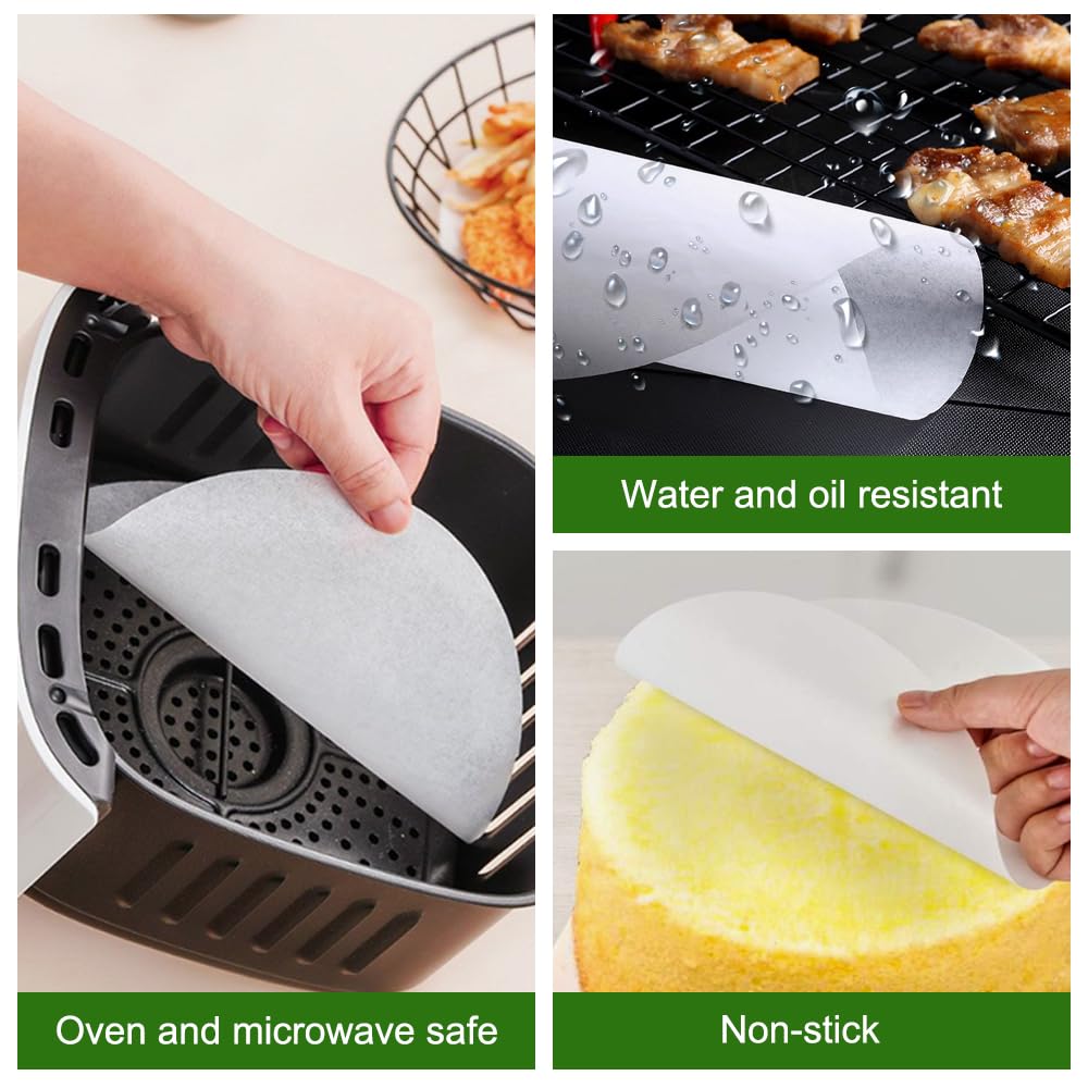 Okrągły papier do pieczenia, 150 sztuk, 26 cm, nieprzywierający, okrągły | pergaminowy papier do frytkownic na gorące powietrze, papier do burgerów, powlekany powłoką zapobiegającą przywieraniu