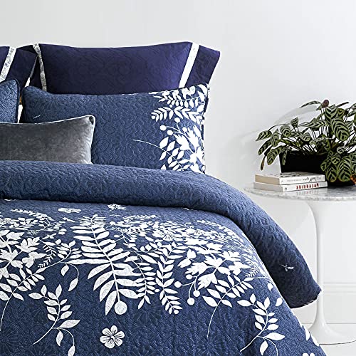 Wake In Cloud - Navy Blue Quilt Set, Gray Grey Floral Flowers Tree Leaves Modern Pattern Printed, Soft Microfiber Bedspread Coverlet Bedding (3Pcs, King Size) #TOP2