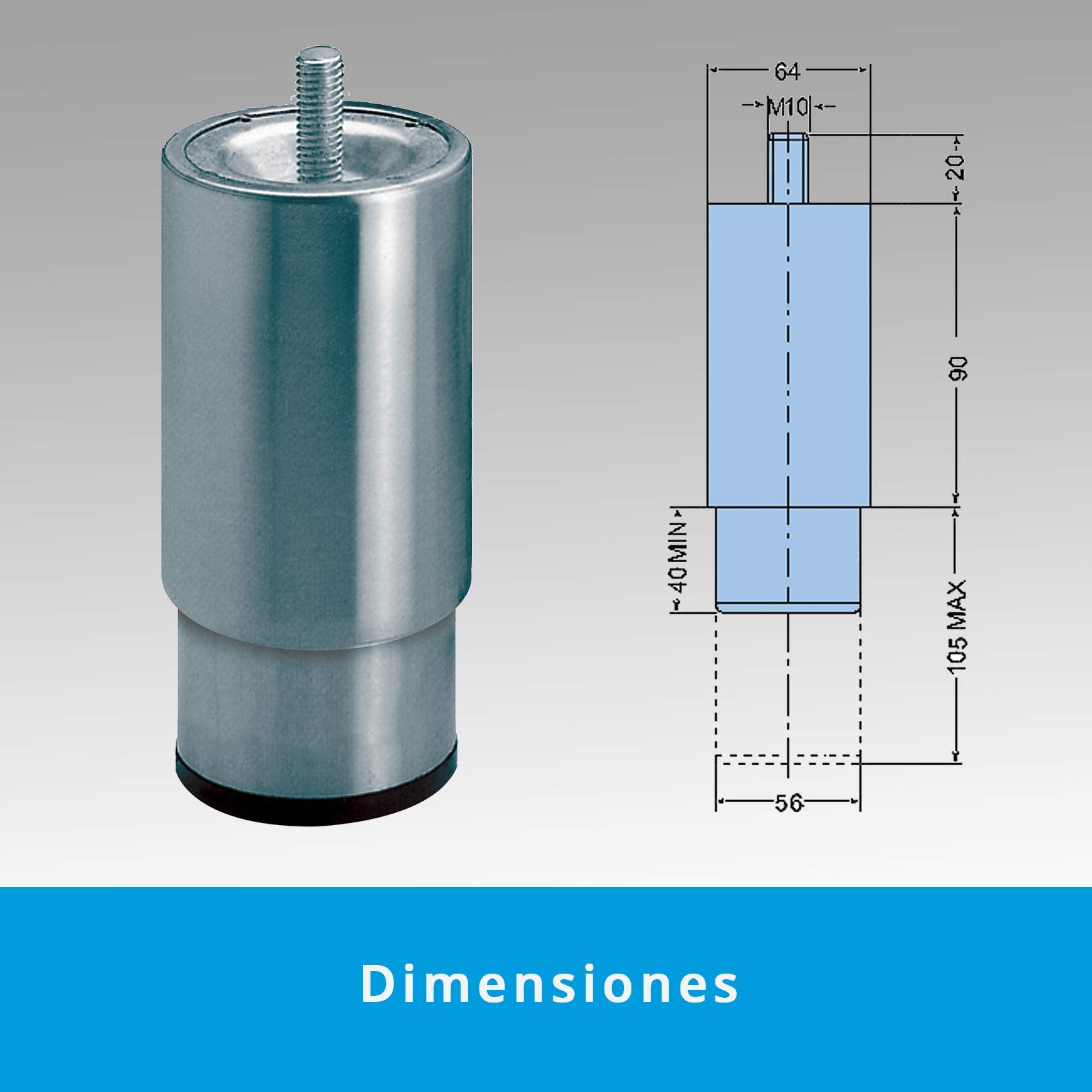 Pack 4 x Patas Regus Redondas Acero Inoxidable Partes Fija y Móvil Cilíndricas | Con Espárrago Roscado Cilindrico 2' Inox | Peso: 305g | Mín 40mm/Máx 105mm | Ajustable y Resistente Hasta 700 kg