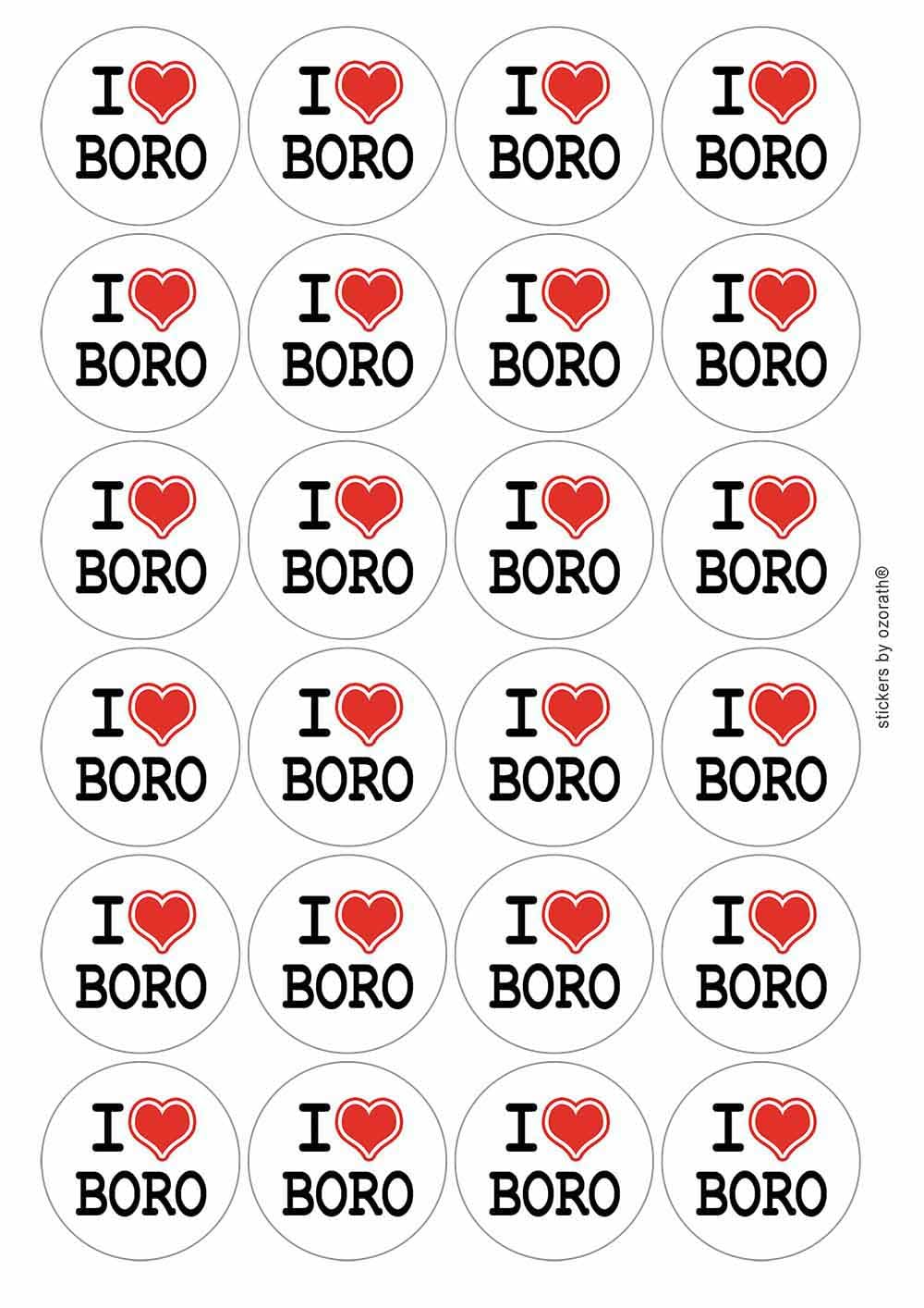 I Heart Love Boro Middlesbrough Circular Matt Paper Stickers A4 Sheet of 24 (Each Sticker is 45mm Diameter)